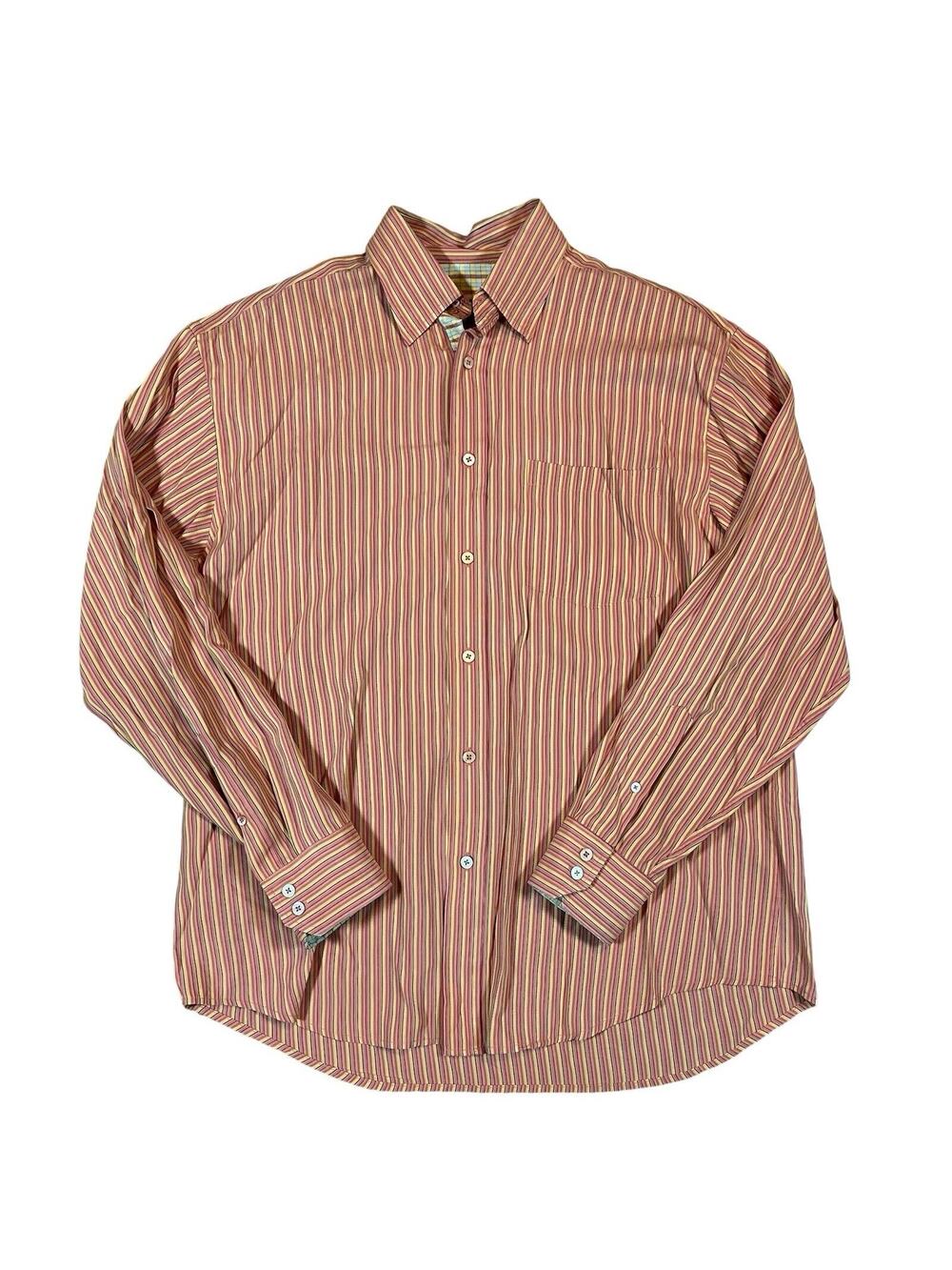 Bugatchi Uomo Flip Cuff Rayon Button Down Shirt Mens Large Orange Gold Striped